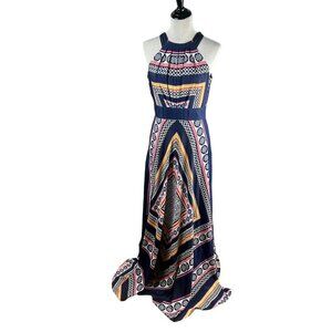 Eliza J Scarf Print Maxi Dress Women 6 Navy Blue Halter A Line Event Party Print
